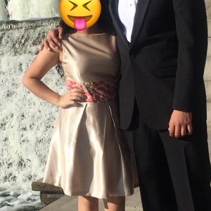 Gold and red short metallic prom dress